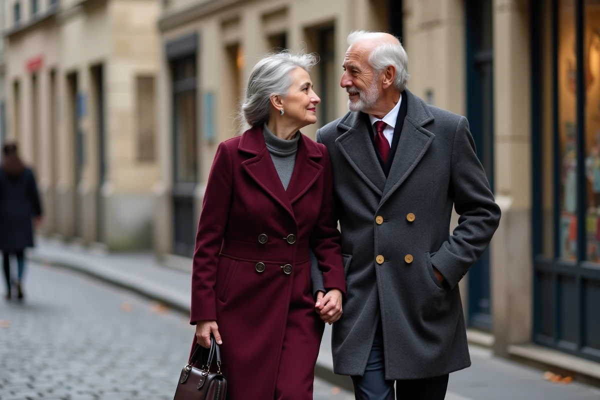 Couple élégant se promenant discrètement dans les rues du Marais à Paris, illustrant une vie de couple épanouie et protégée des médias