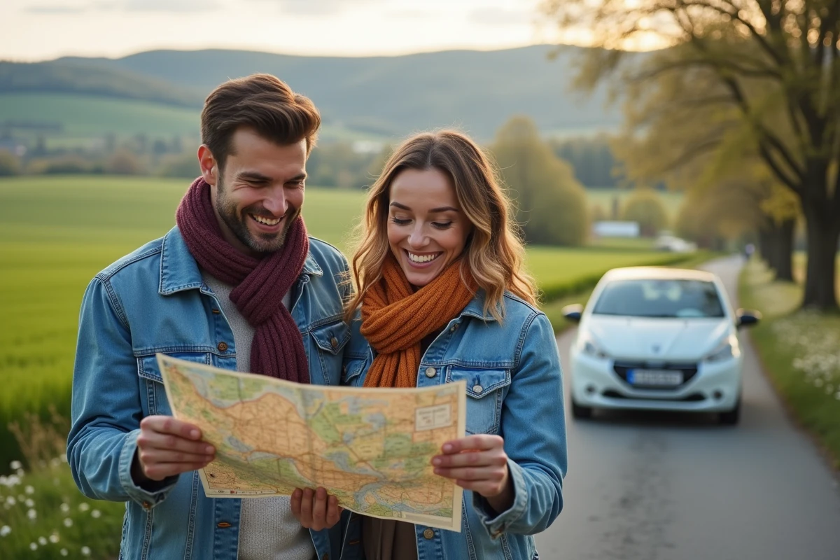 Couple souriant regardant une carte sur route rurale