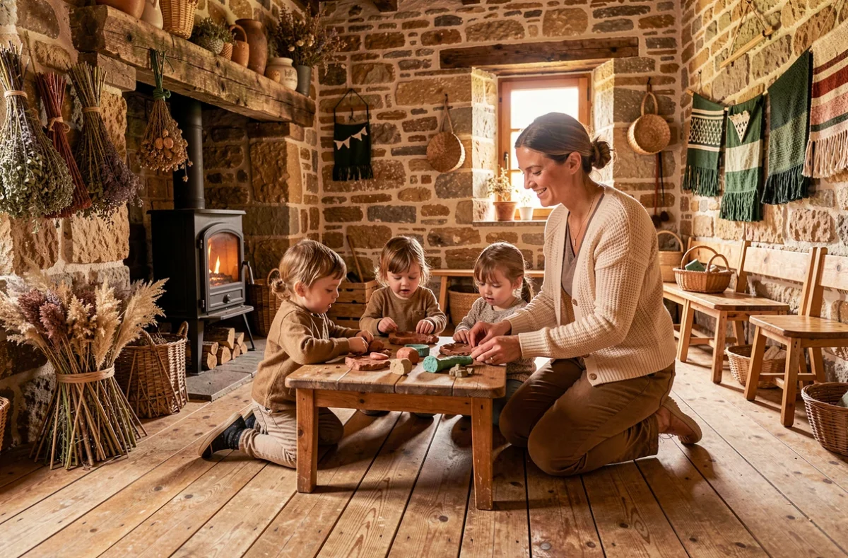 Intérieur rustique et naturel de la micro-crèche Les Crôs' mignons à Cromac en Haute-Vienne
