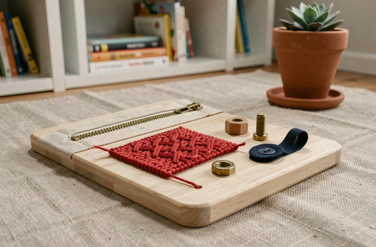 Gros plan des éléments d'un tableau d'éveil Montessori en bois avec fermeture éclair, lacets et boutons pour stimuler la motricité fine