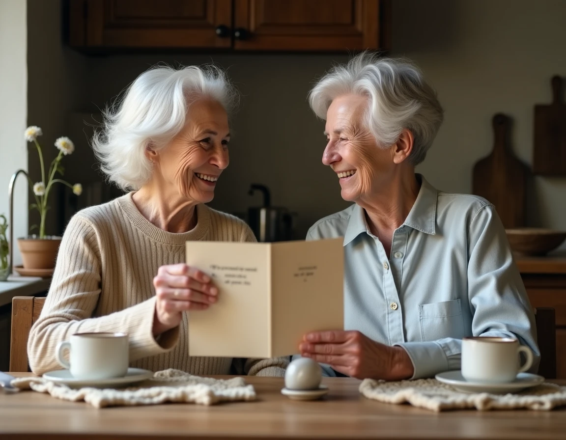 Deux grand-mères partageant un moment émouvant autour d'un poème lors de la fête des grands-mères