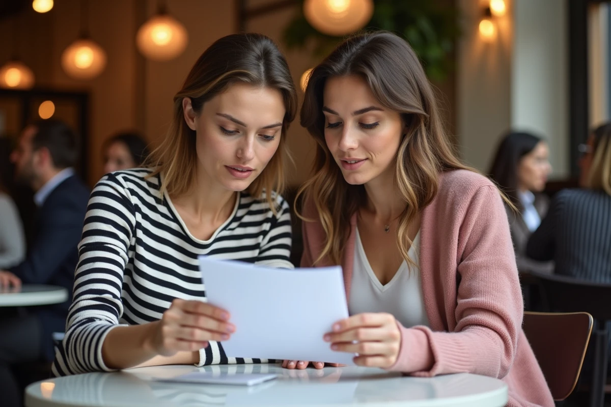 Deux femmes discutant d'une demande de temps partiel 80% après congé maternité et des droits CAF autour d'un document imprimé dans un café