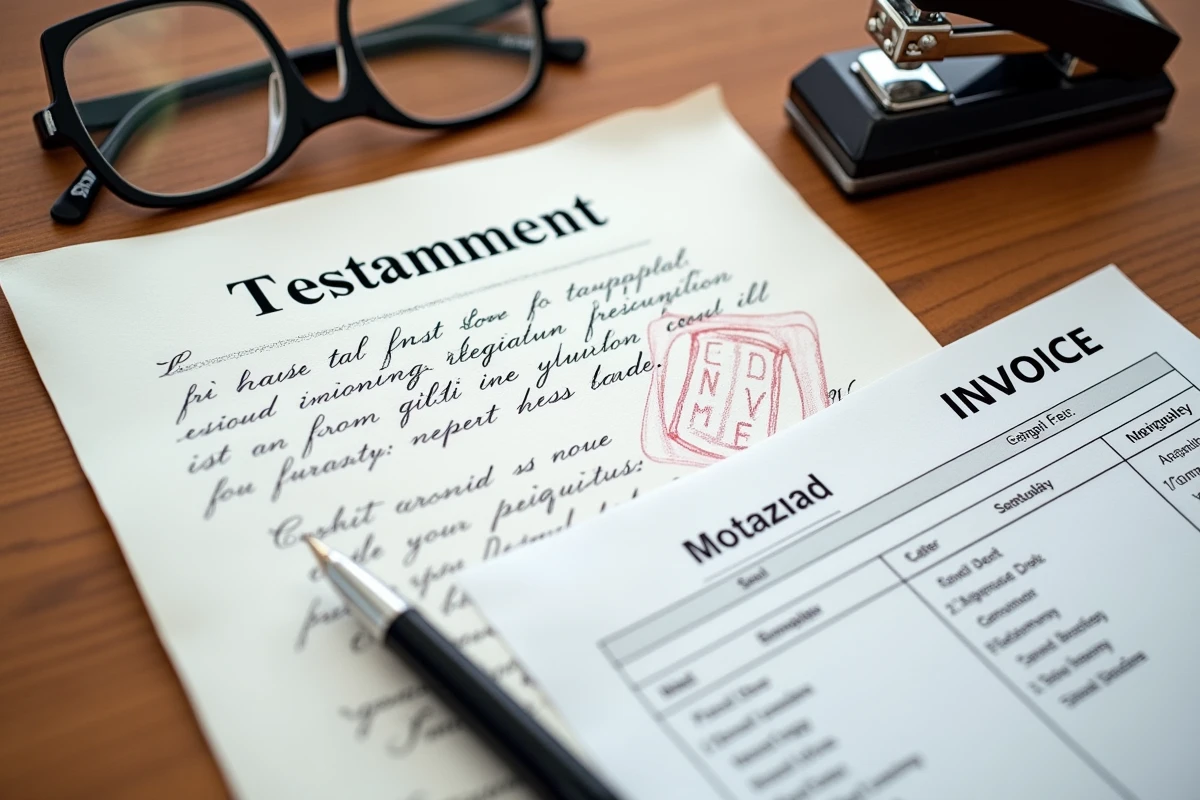 Vue à plat des documents de testament manuscrit avec facture de frais notariaux et tampon officiel sur bureau en bois