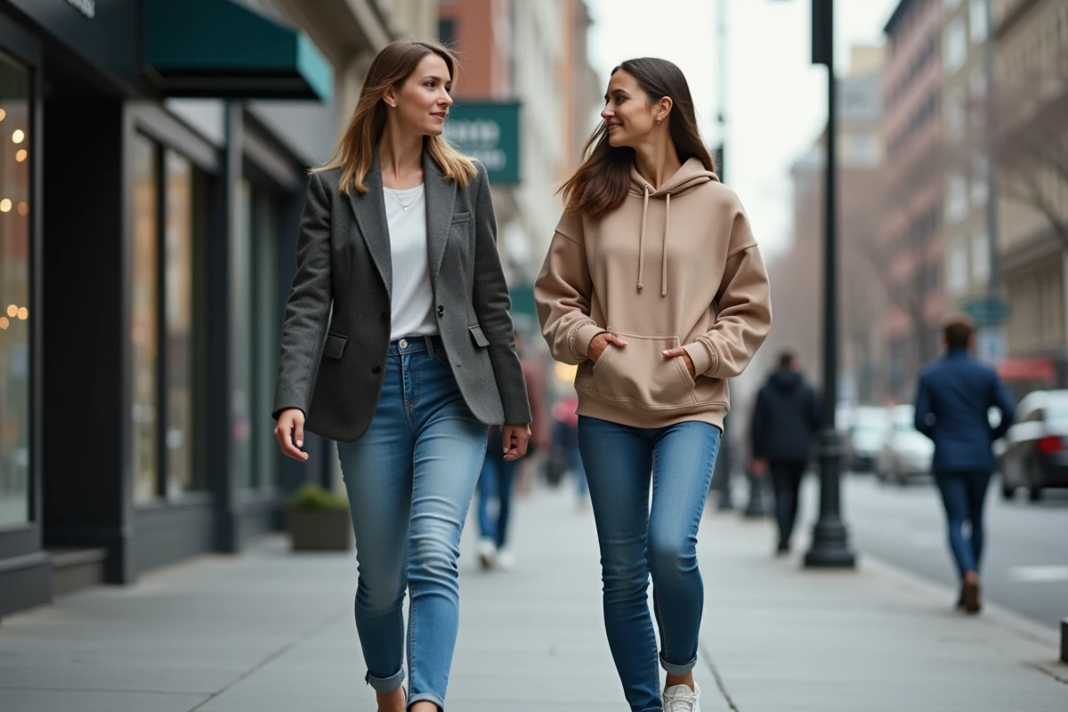 Deux femmes marchant en ville avec des attitudes contrastées, représentant la dynamique relationnelle entre une personne mature et une personnalité immature émotionnellement