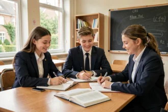 Élèves d'une école privée du Val-de-Marne en session de travail en groupe dans une salle de classe lumineuse et bien équipée