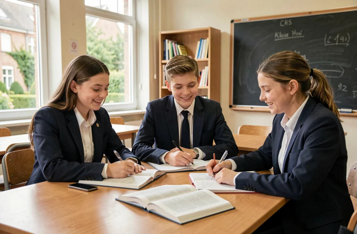 Élèves d'une école privée du Val-de-Marne en session de travail en groupe dans une salle de classe lumineuse et bien équipée