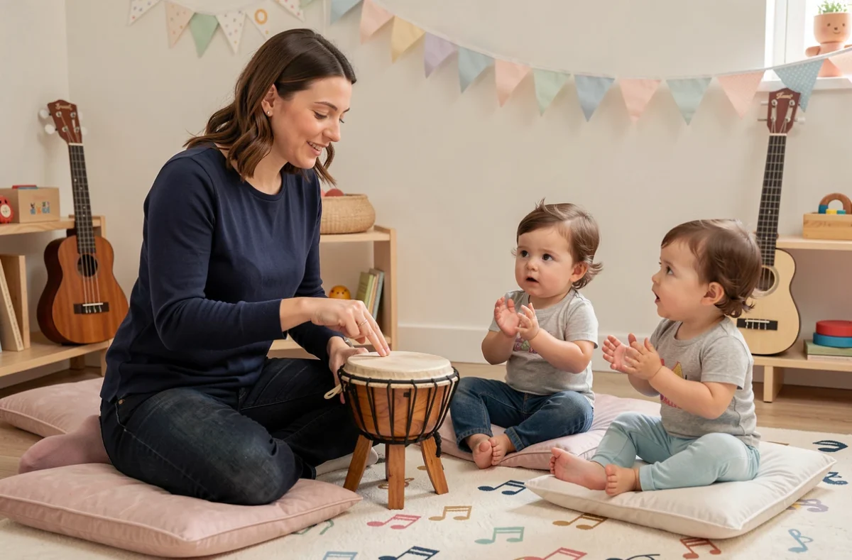 Éducatrice de crèche animant un atelier de musique avec des bébés de 18 mois autour d'un tambour