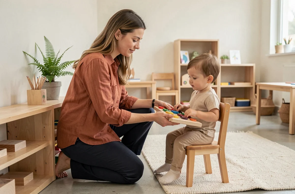 Éducatrice Montessori présentant un tableau d'activités en bois à un jeune enfant dans une salle de classe épurée et naturelle