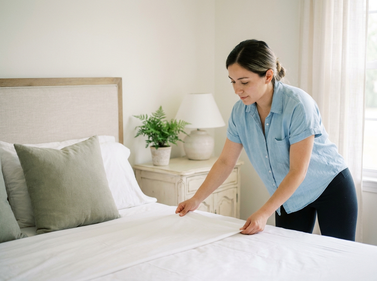 Employée de maison pliant du linge propre dans une chambre à coucher bien rangée à Courbevoie
