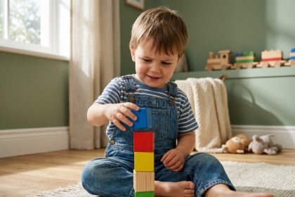 Enfant de 3 ans qui empile des blocs de construction en bois colorés sur le sol d'une salle de jeux, concentré et souriant