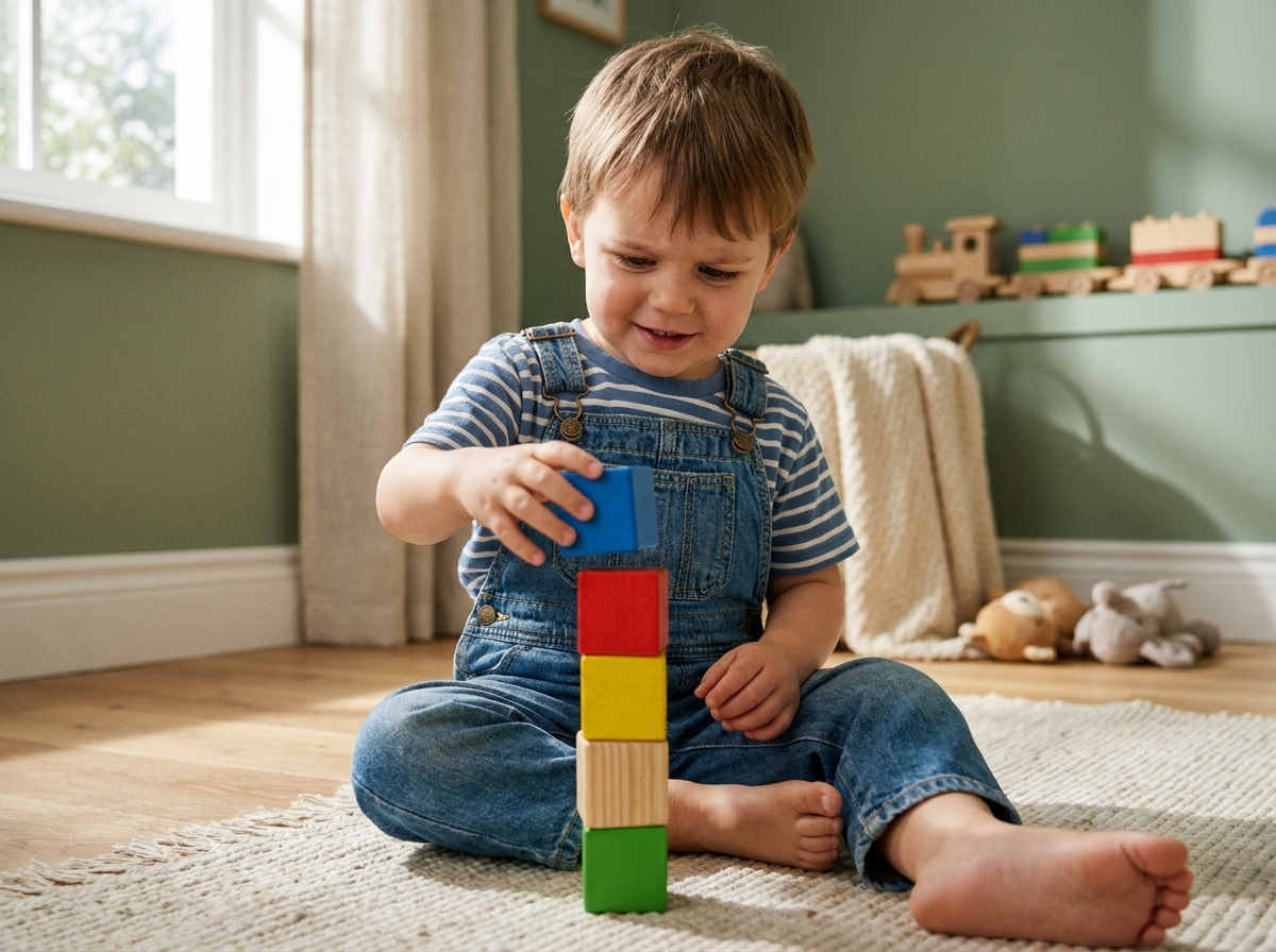 Enfant de 3 ans qui empile des blocs de construction en bois colorés sur le sol d'une salle de jeux, concentré et souriant