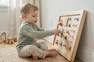Tout-petit concentré en train de manipuler les loquets d'un tableau Montessori en bois pour développer sa motricité fine