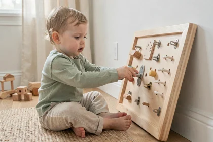 Tout-petit concentré en train de manipuler les loquets d'un tableau Montessori en bois pour développer sa motricité fine