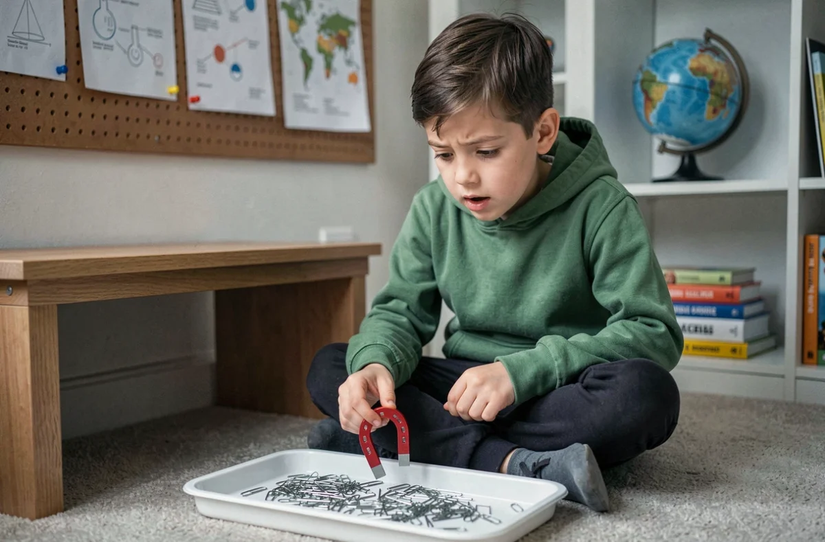 Enfant réalisant une expérience de magnétisme avec un aimant en fer à cheval dans sa chambre