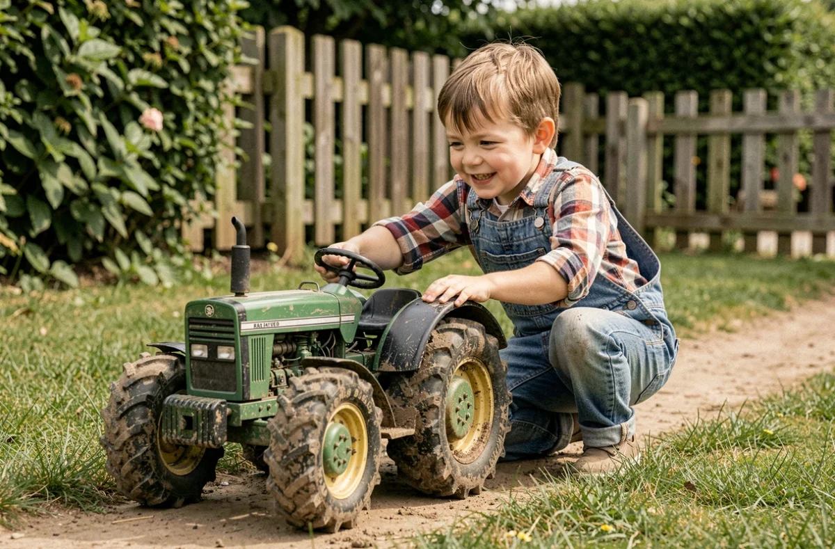 Enfant jouant avec un jouet tracteur agricole en métal vert dans un jardin sur un chemin en terre
