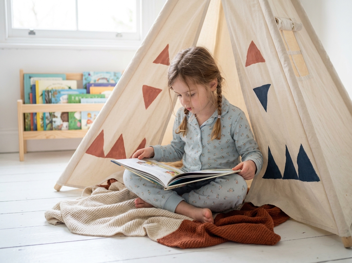 Petite fille en pyjama lisant dans un lit tipi en coton blanc à motifs géométriques dans une chambre de style scandinave
