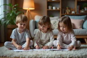 Trois enfants dessinant dans un salon chaleureux