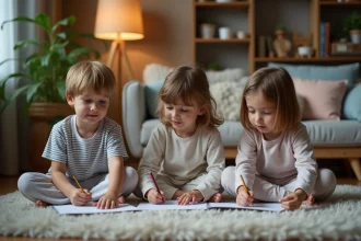 Trois enfants dessinant dans un salon chaleureux