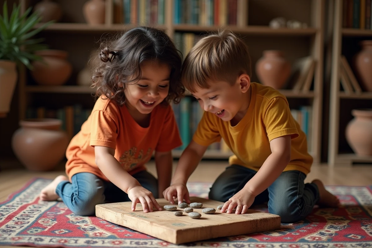 Deux enfants jouant avec des pierres sur un tapis coloré