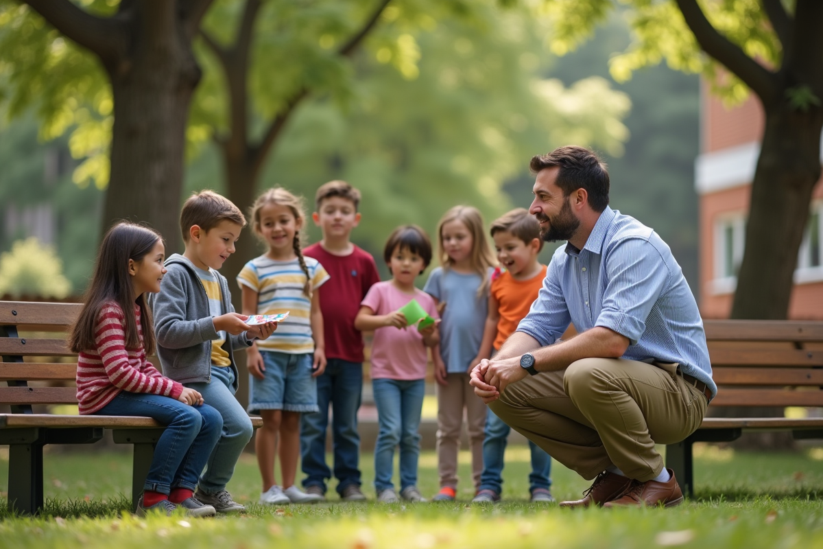 Enseignant avec enfants jouant en plein air à l