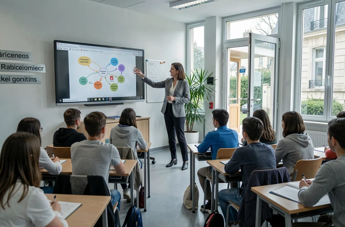 Enseignante d'une école privée du Val-de-Marne donnant un cours interactif devant un tableau numérique dans une salle de classe moderne