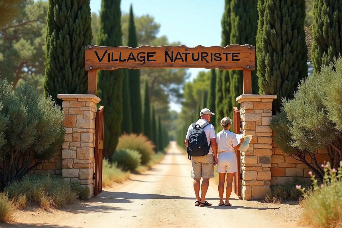 Entrée officielle d'un village naturiste réglementé en France avec panneau d'accès et végétation méditerranéenne