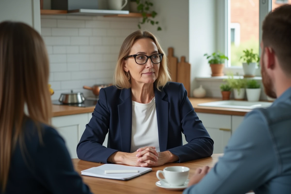Candidate nounou lors d'un entretien sérieux avec des parents dans une cuisine moderne