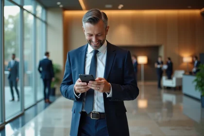 Homme d'affaires en costume dans un lobby moderne