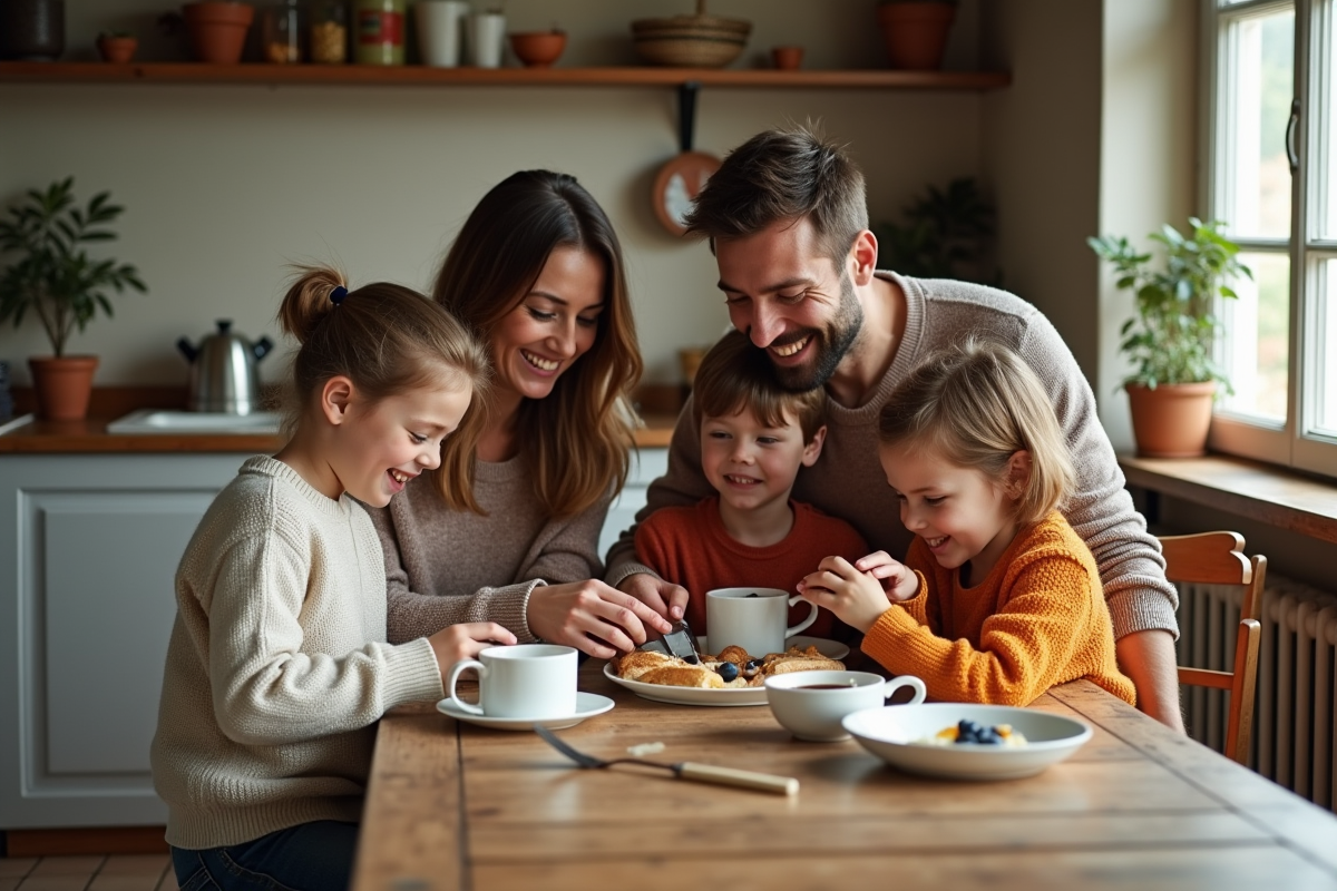 Famille française préparant le petit déjeuner ensemble dans la cuisine