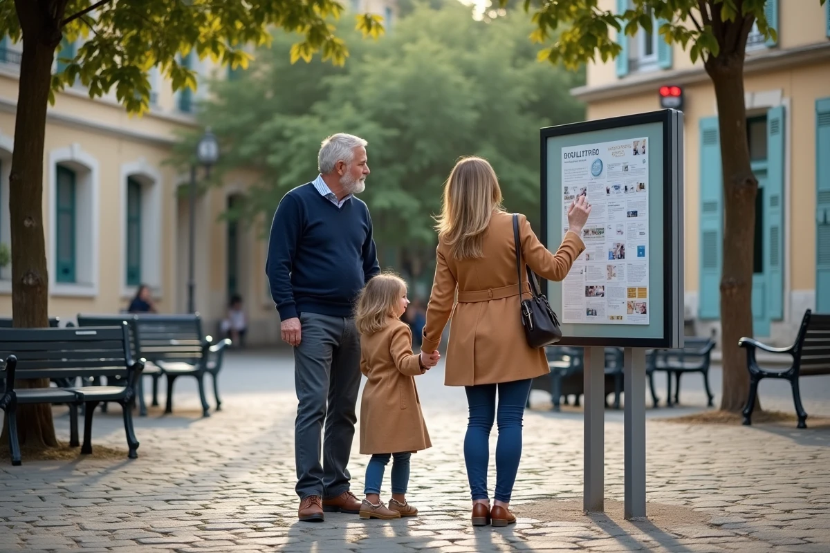 Famille lisant un panneau d
