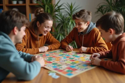 Famille jouant à la Bonne Paye autour d'une table en bois avec billets colorés et cartes de propriété éparpillés