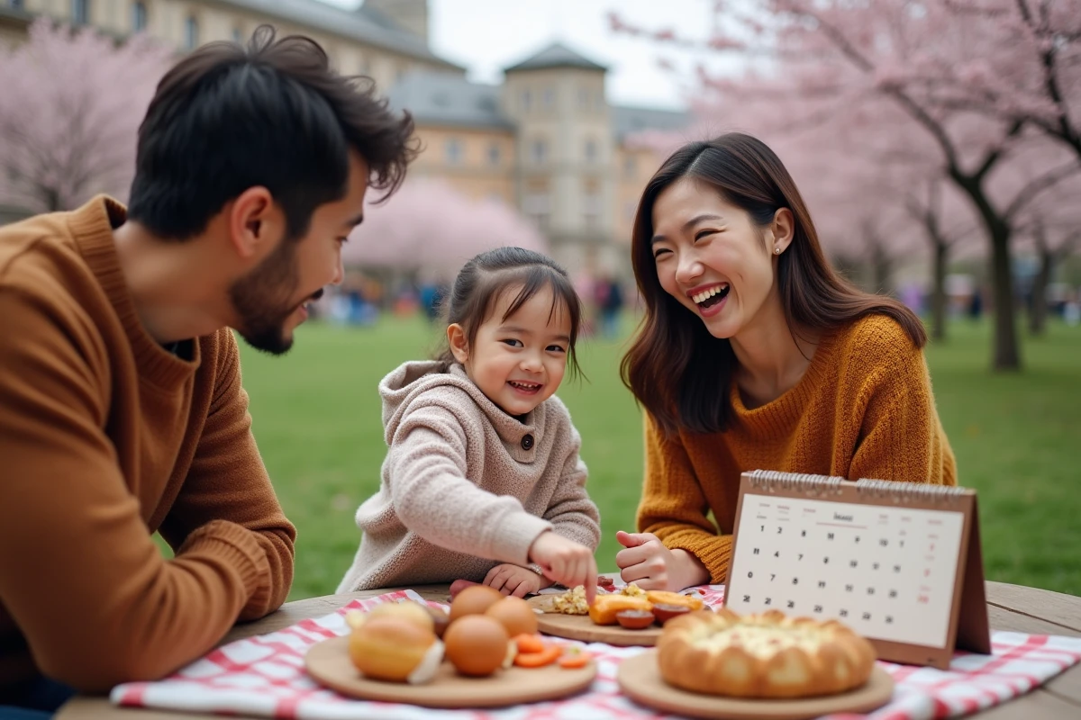Famille profitant d un pique-nique sous cerisiers en fleurs