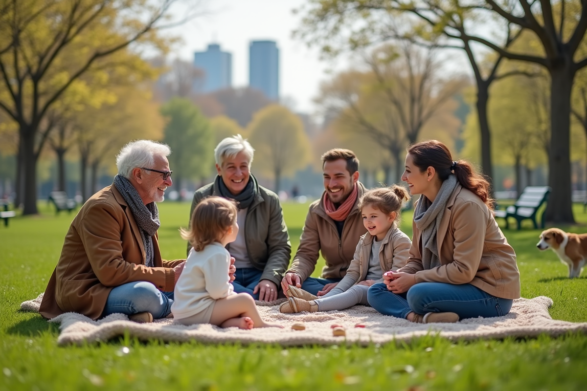 Famille multigeneration partageant un pique-nique dans un parc urbain
