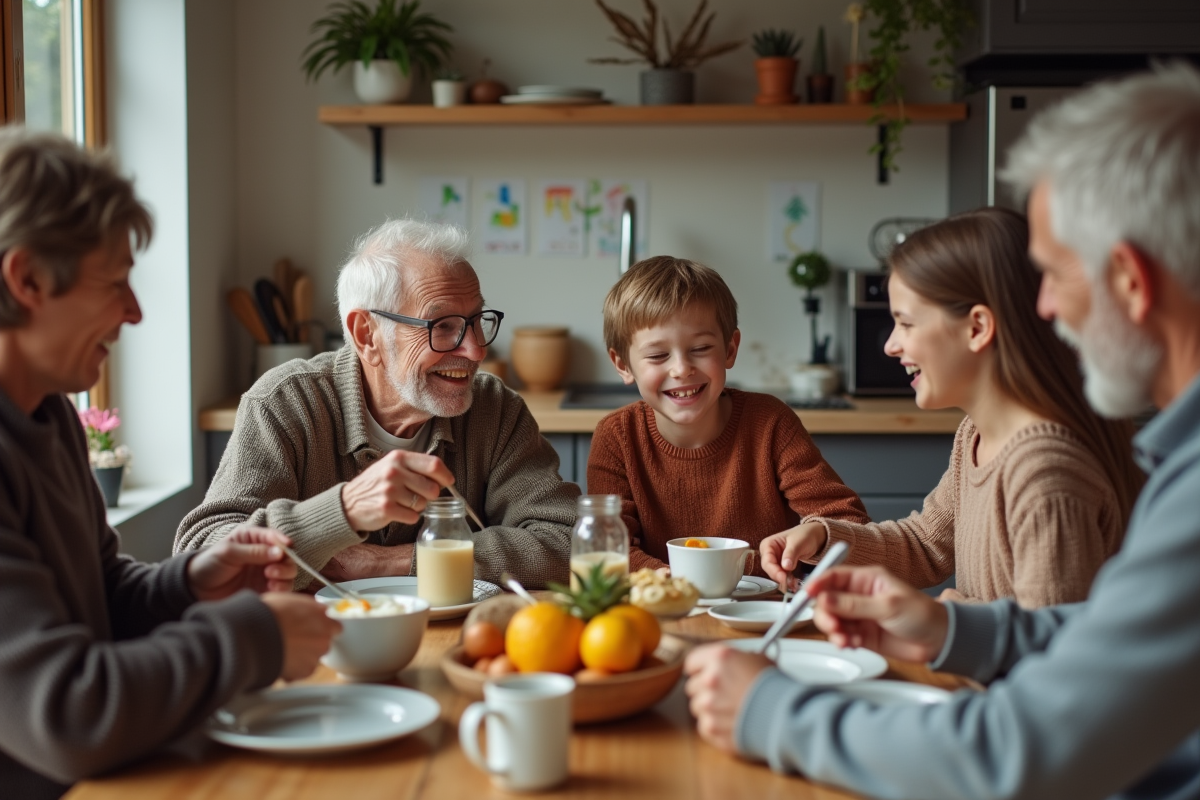 Famille multigenerations partageant un repas convivial