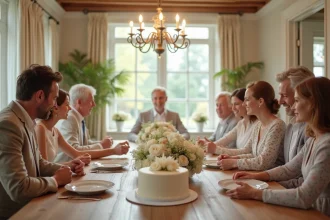 Famille réunie autour d'une table pour fêter un baptême avec cadeaux et gâteau décoré