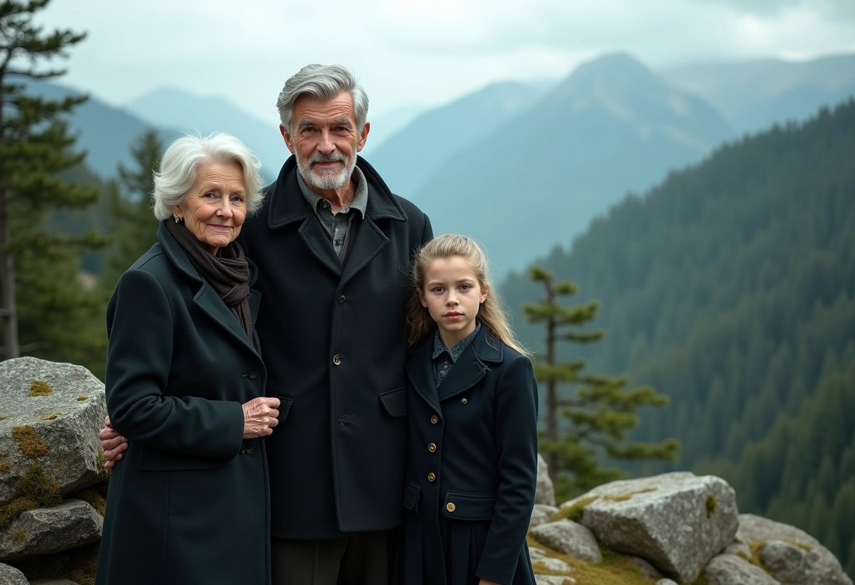 Famille avec cheveux argentés en nature brumeuse