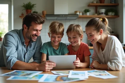 Famille souriante planifiant des vacances à la maison