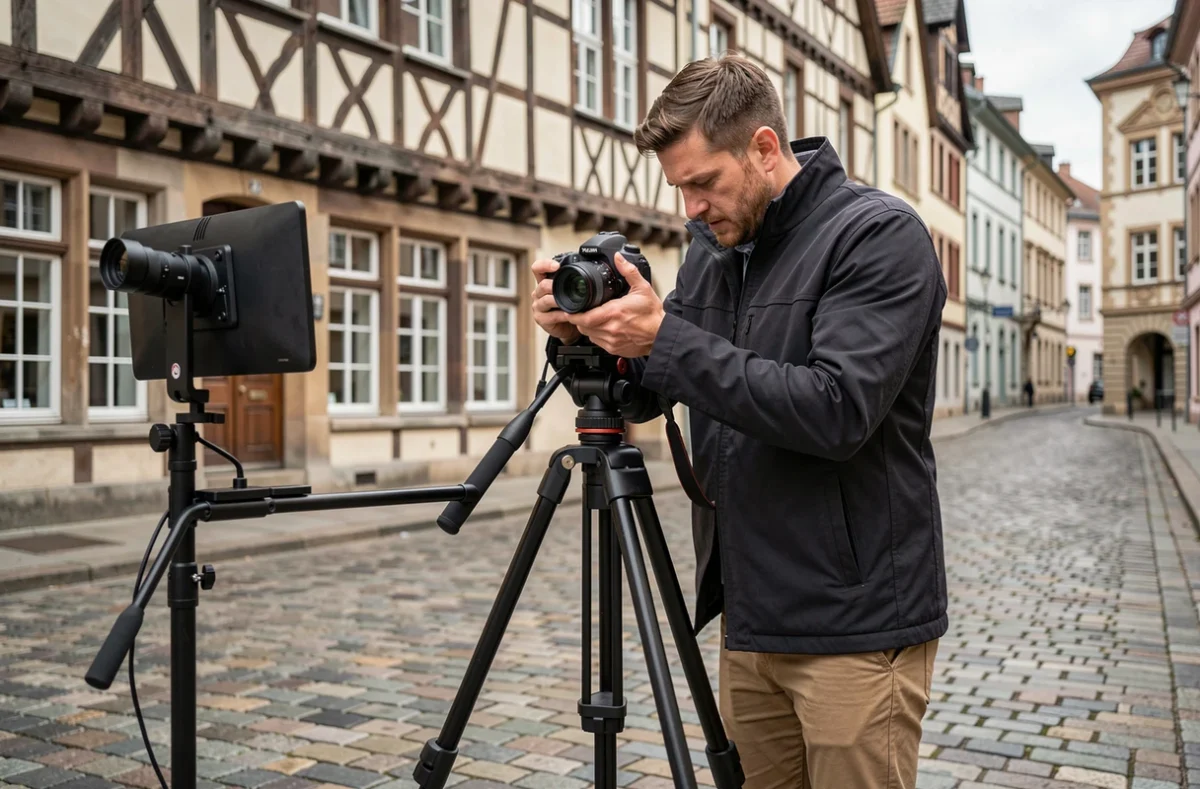 Fava Officiel, photographe et vidéaste dans le Grand Est, installant son matériel professionnel devant une façade à colombages alsacienne sur des pavés