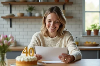 Femme de 40 ans souriante lisant un message anniversaire original à la table de cuisine avec un gâteau et des bougies dorées