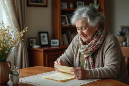 Femme âgée lisant un poème écrit à la main dans un intérieur chaleureux