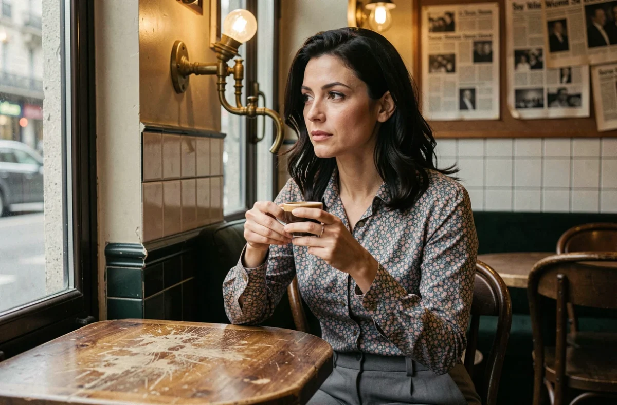 Femme brune pensive dans une brasserie parisienne vintage, illustrant le personnage féminin lié au récit de Jacques Mesrine et María de la Soledad