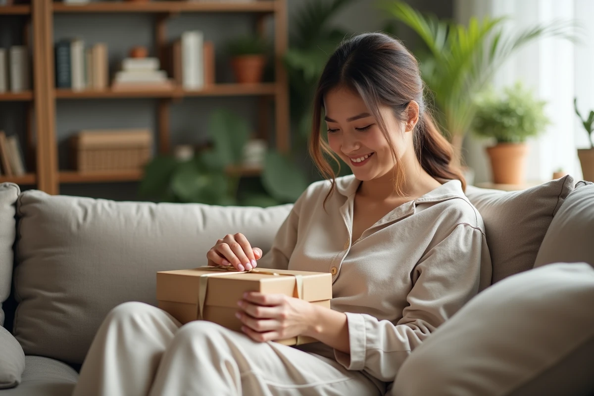 Femme souriante déballant un cadeau dans un salon chaleureux