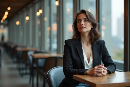 Femme élégante en blazer assise dans un café moderne