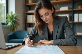 Femme en costume d'affaires examinant un calendrier au bureau