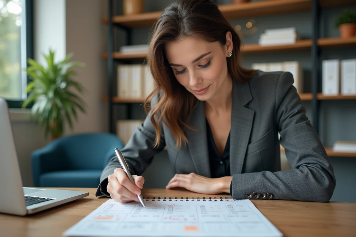 Femme en costume d'affaires examinant un calendrier au bureau