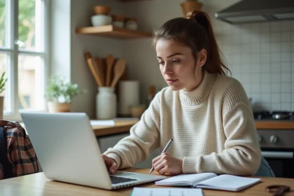 Jeune femme vérifiant le calendrier des vacances à la maison