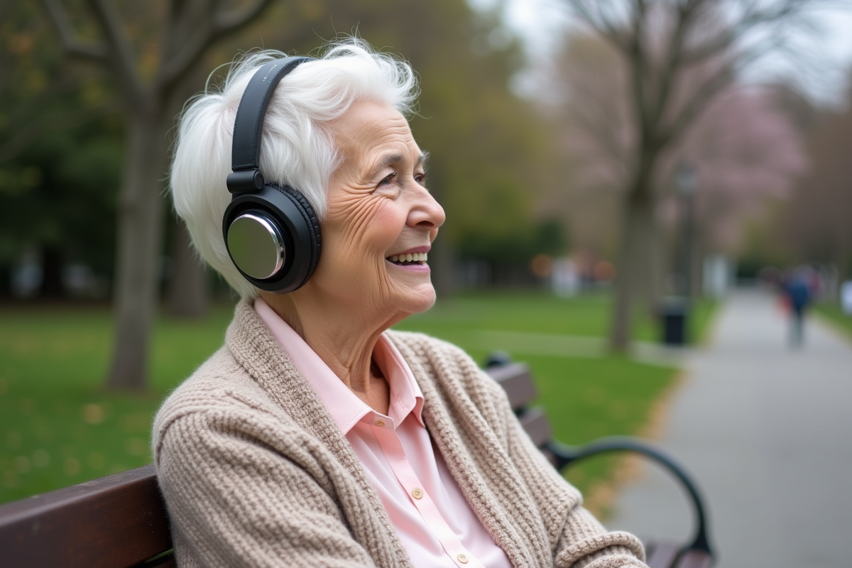 Femme âgée écoute de la musique dans un parc