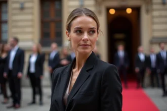 Femme élégante en blazer sombre lors d'une apparition publique à Paris, évoquant la discrétion d'une personnalité médiatique accompagnée