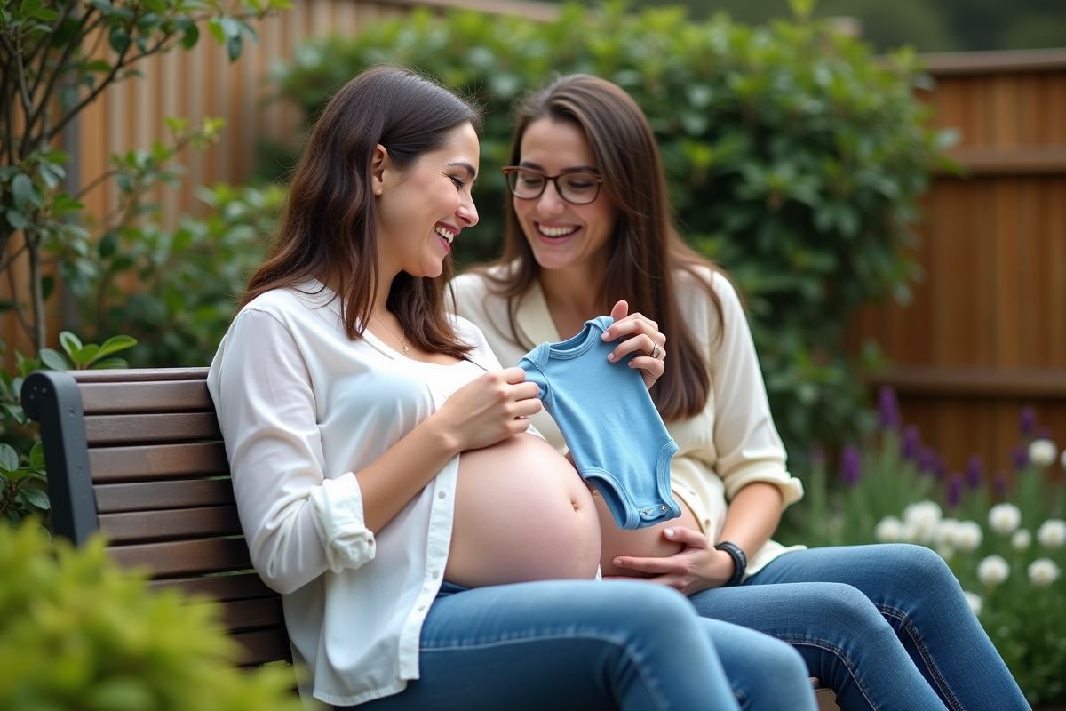 Femme enceinte riant avec une amie dans le jardin