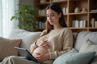 Jeune femme enceinte se reposant sur un canapé avec tablette